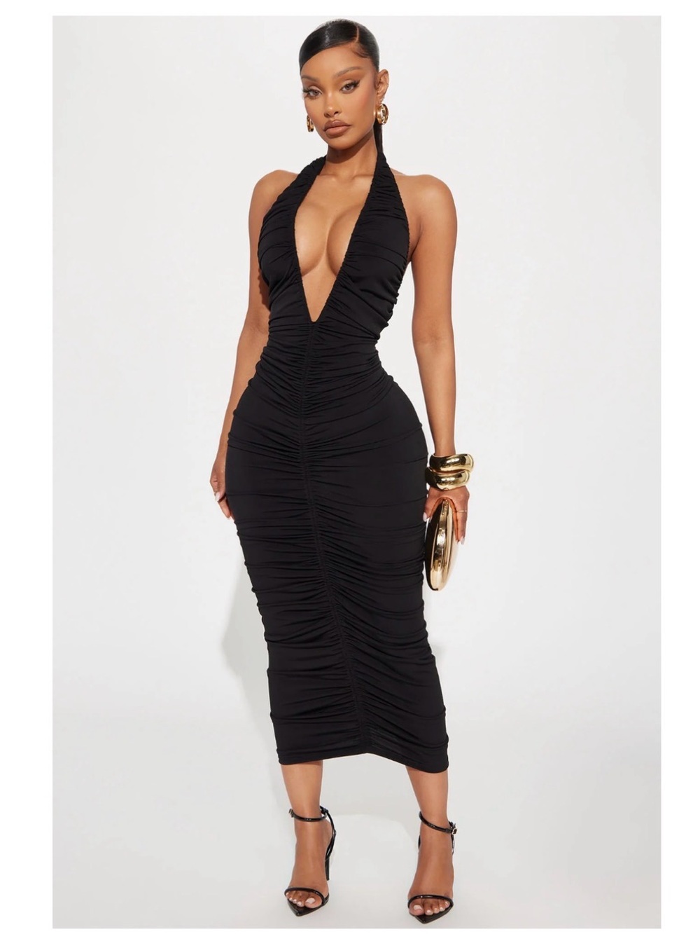 Fashion Nova Black One-Shoulder Ruched Halter Midi Dress